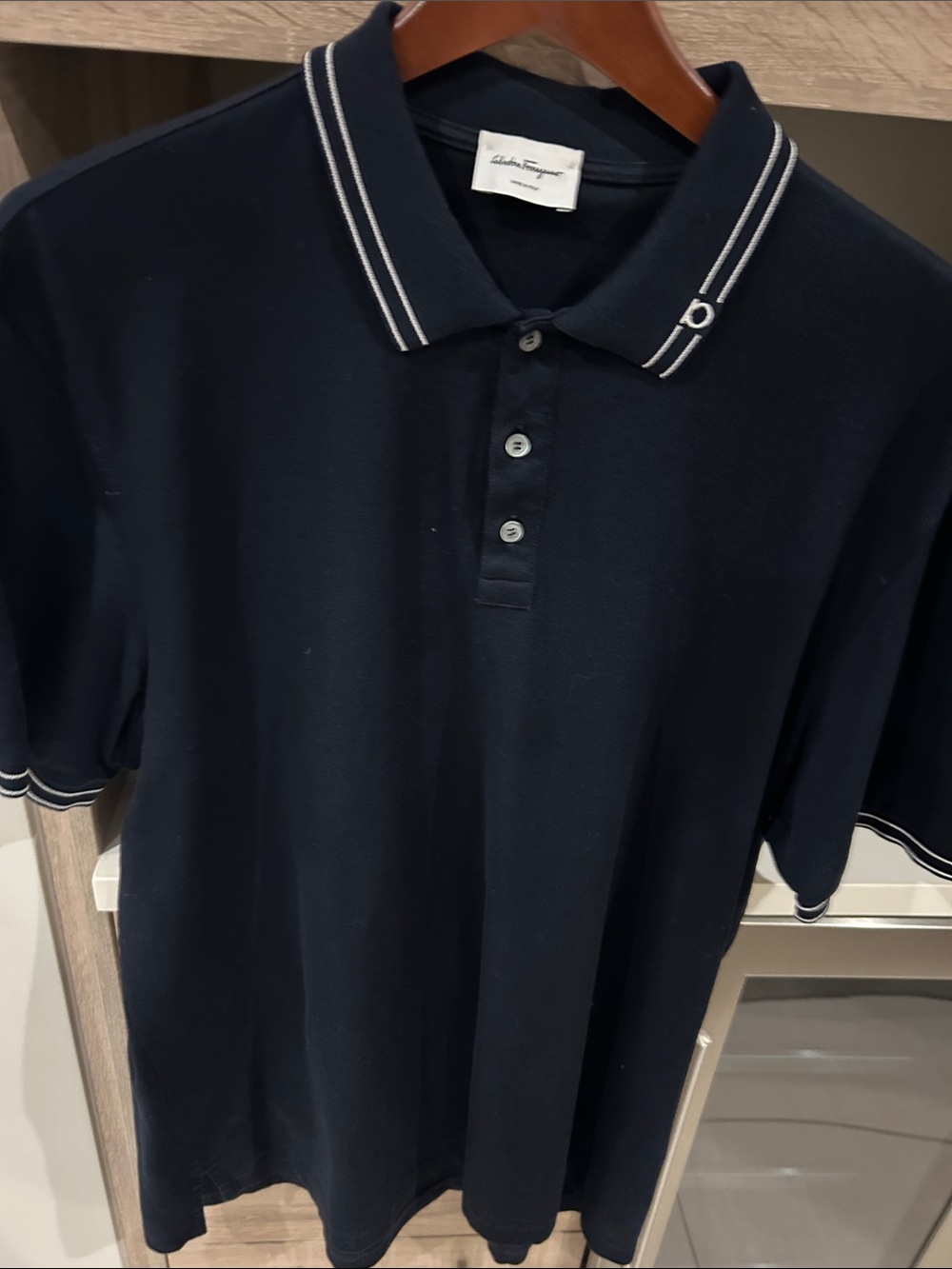 Salvatore Ferragamo Navy Polo with White Stripe Trim